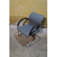 thumb-Vintage Thonet armstoel met buisframe en blauwgrijze stoffering-9