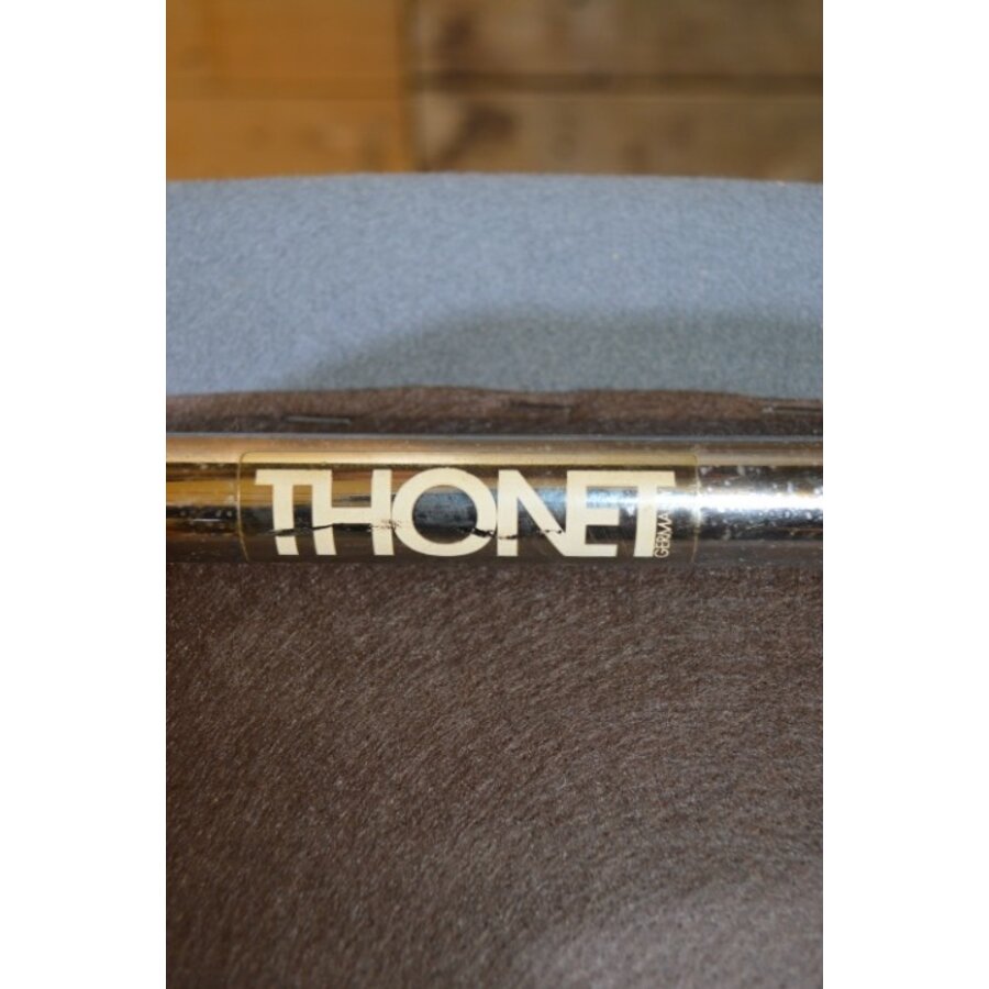 Vintage Thonet armstoel met buisframe en blauwgrijze stoffering-10