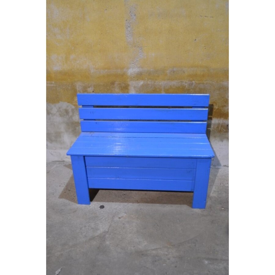 Blauw geschilderd klepbankje van vurenhout met opbergruimte-1