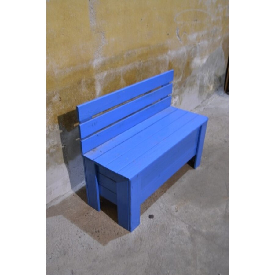 Blauw geschilderd klepbankje van vurenhout met opbergruimte-2