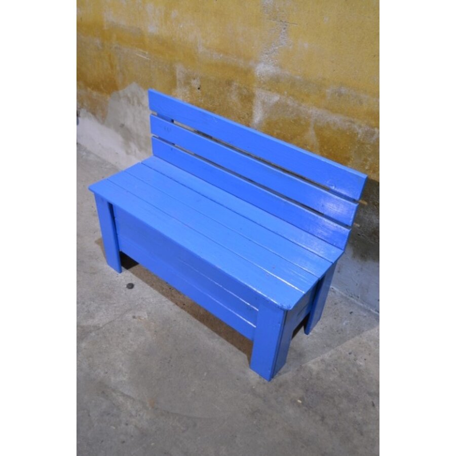 Blauw geschilderd klepbankje van vurenhout met opbergruimte-3