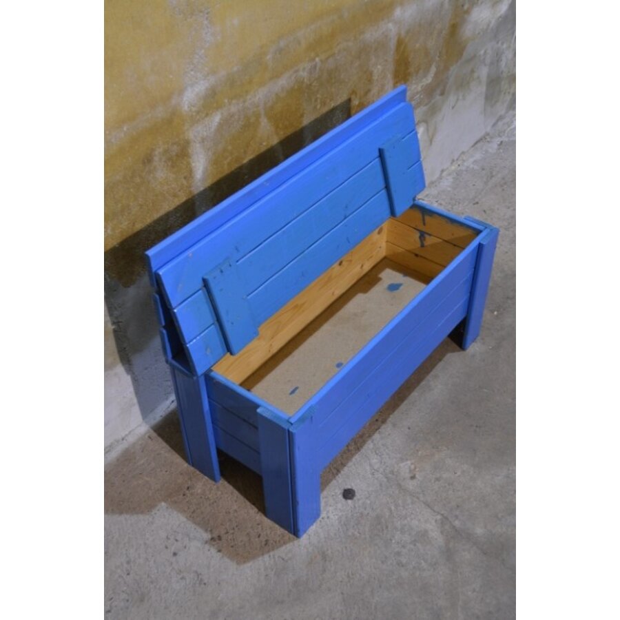 Blauw geschilderd klepbankje van vurenhout met opbergruimte-4