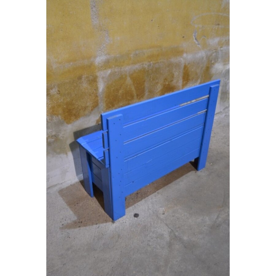 Blauw geschilderd klepbankje van vurenhout met opbergruimte-5