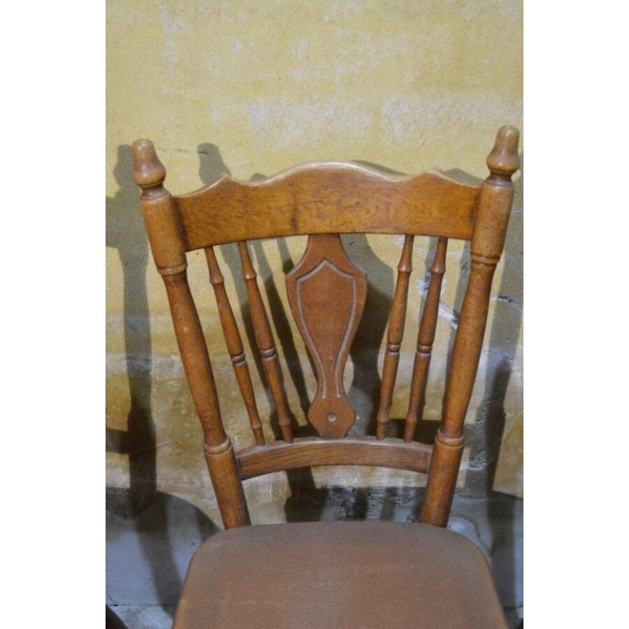 Set van 4 vintage eiken keukenstoelen met bruin leer-2