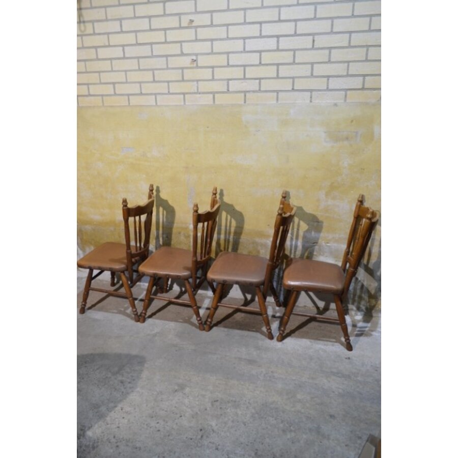 Set van 4 vintage eiken keukenstoelen met bruin leer-3
