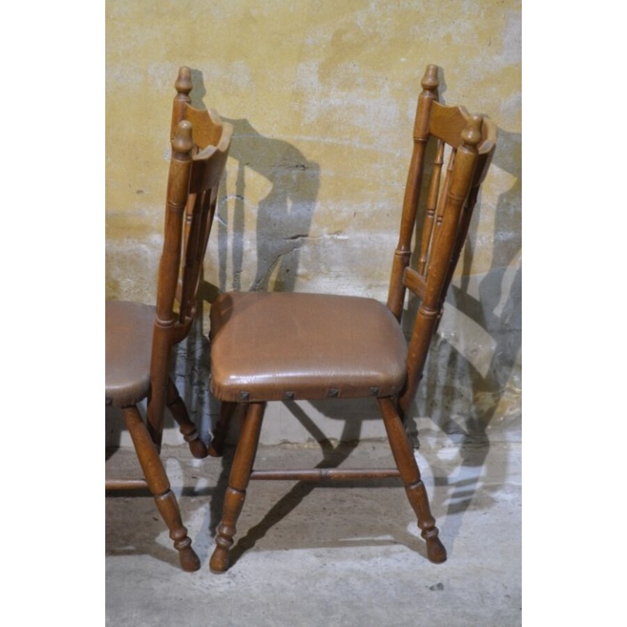 Set van 4 vintage eiken keukenstoelen met bruin leer-4