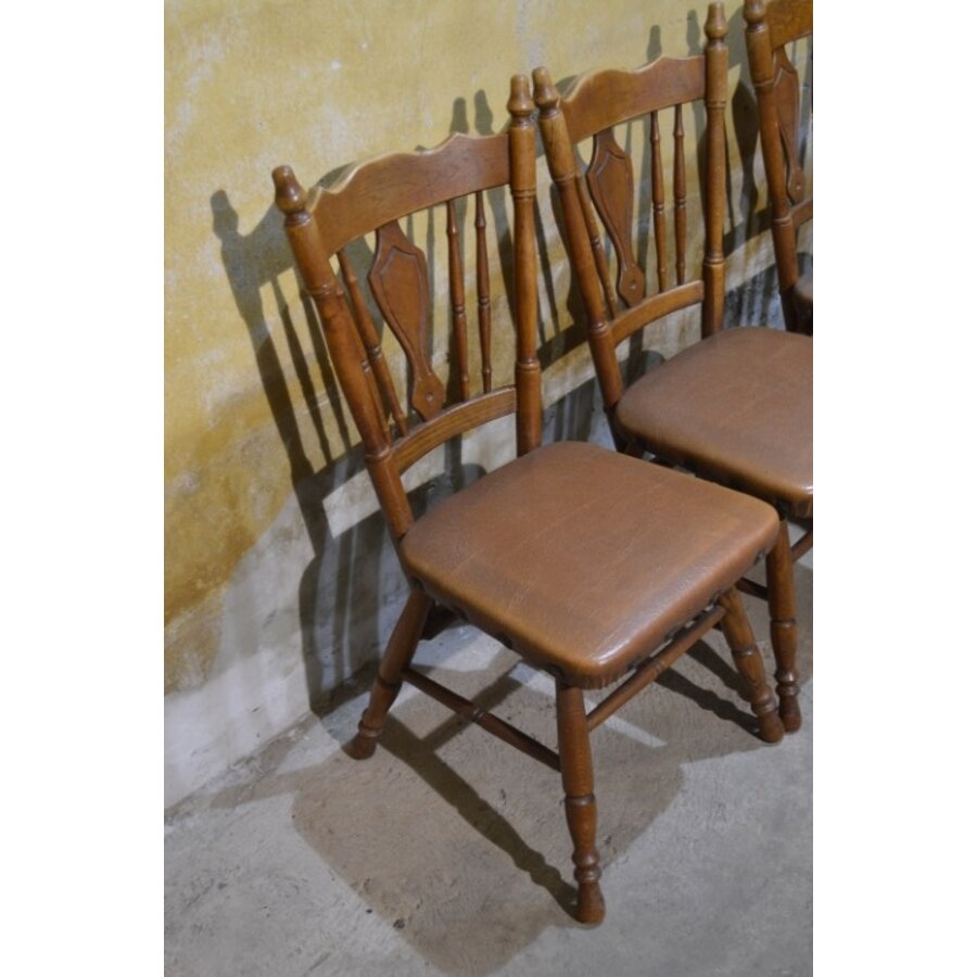 Set van 4 vintage eiken keukenstoelen met bruin leer-8