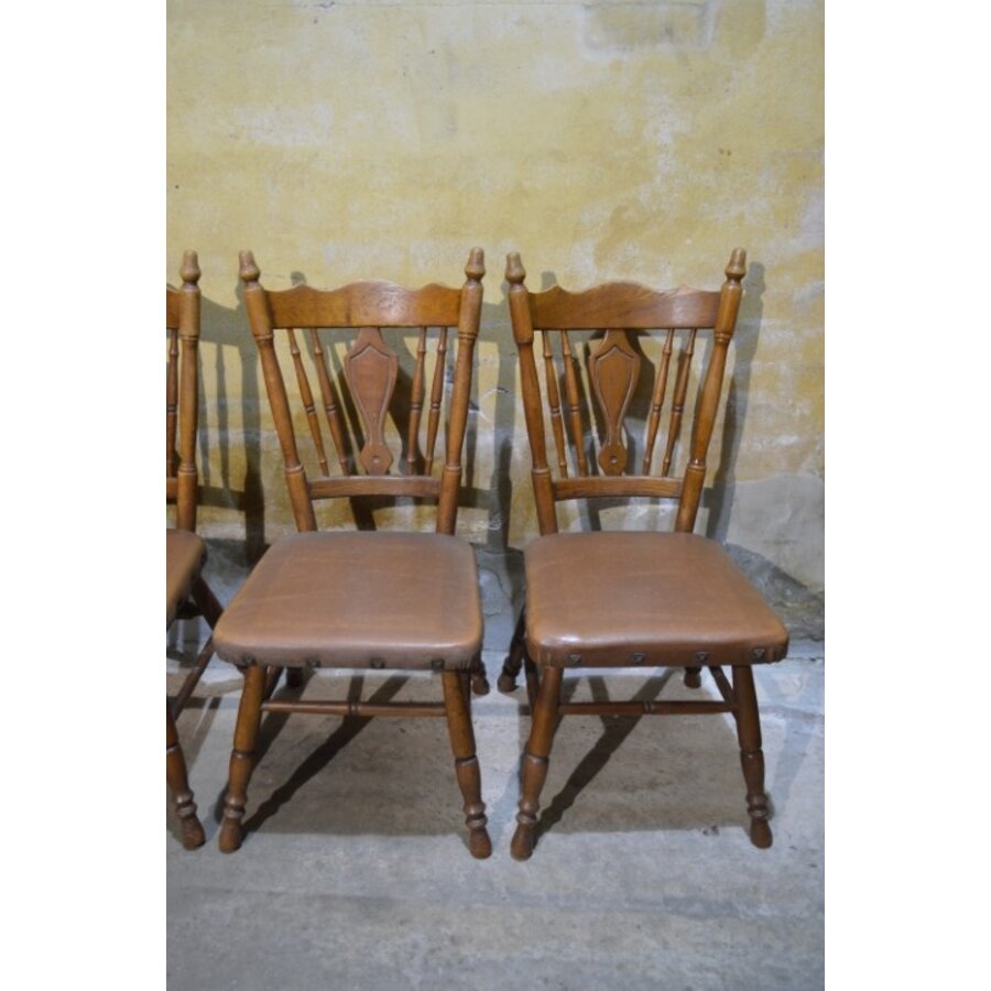 Set van 4 vintage eiken keukenstoelen met bruin leer-9