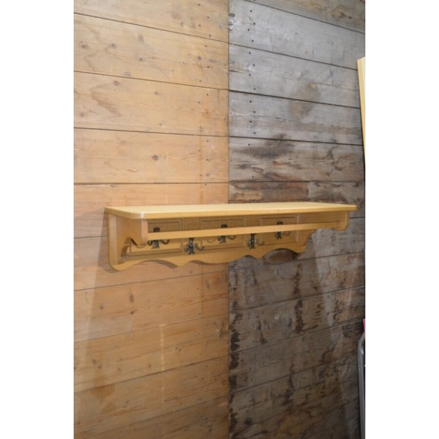 Massief blank eiken kapstok met legplank en haken-1