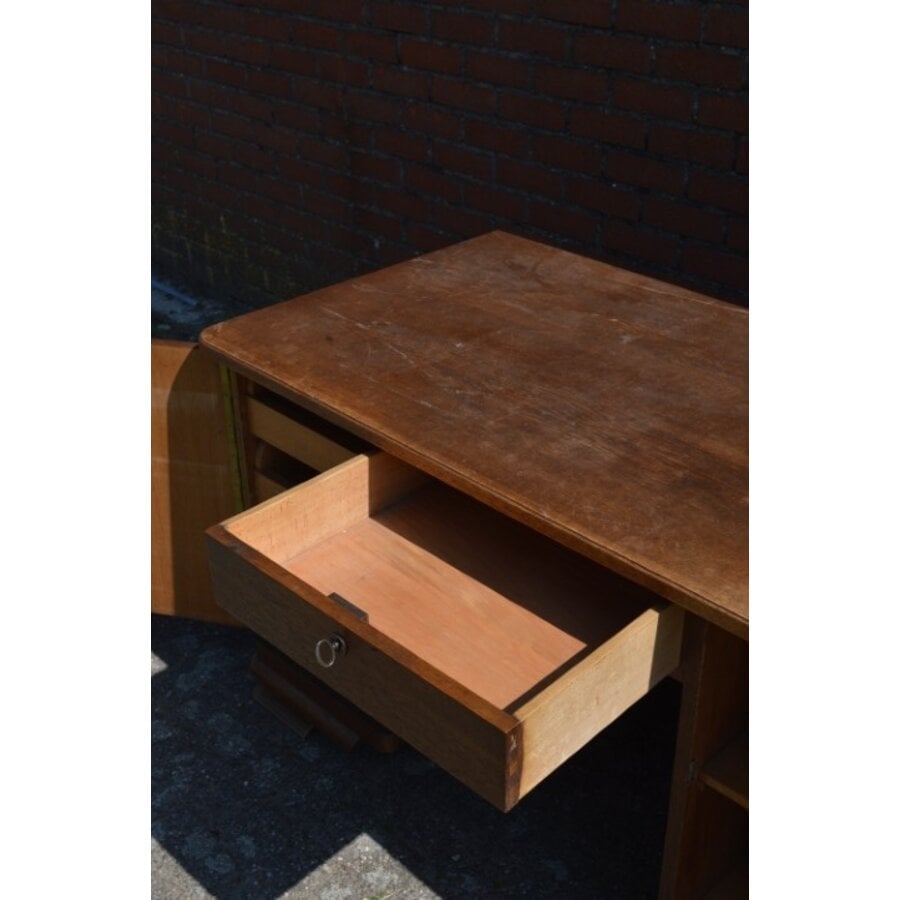 Retro eiken fineer schrijfbureau jaren 50-10