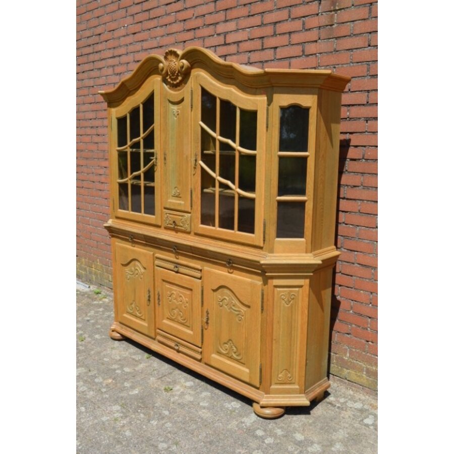 Tweedelige massief eiken buffetkast met glas en laden-2
