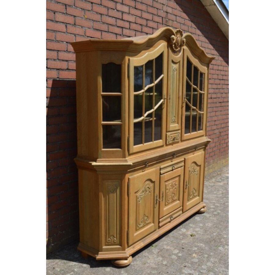 Tweedelige massief eiken buffetkast met glas en laden-3