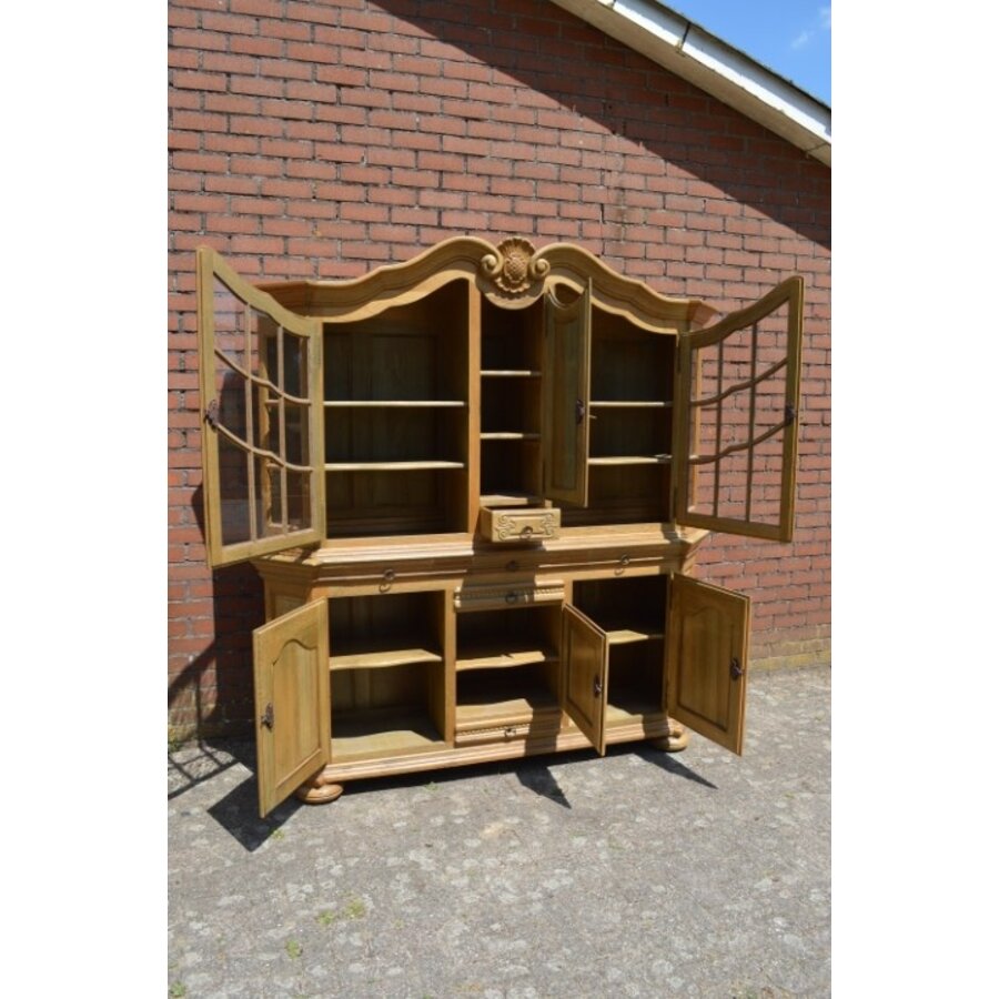 Tweedelige massief eiken buffetkast met glas en laden-5