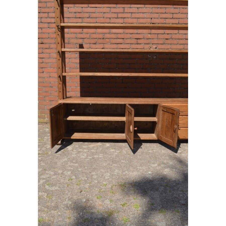 Vintage massief eiken kaaskast met laden en deuren-6