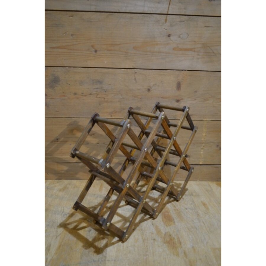 Vintage houten flessenrek in schaarmodel voor 10 flessen-3