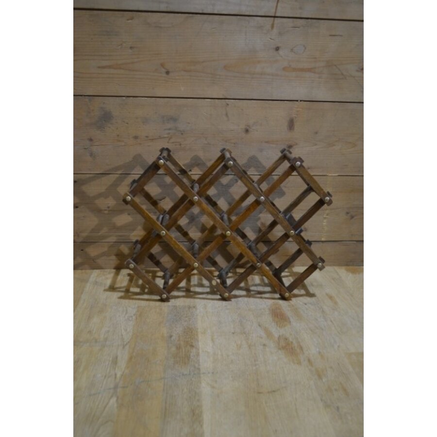 Vintage houten flessenrek in schaarmodel voor 10 flessen-4