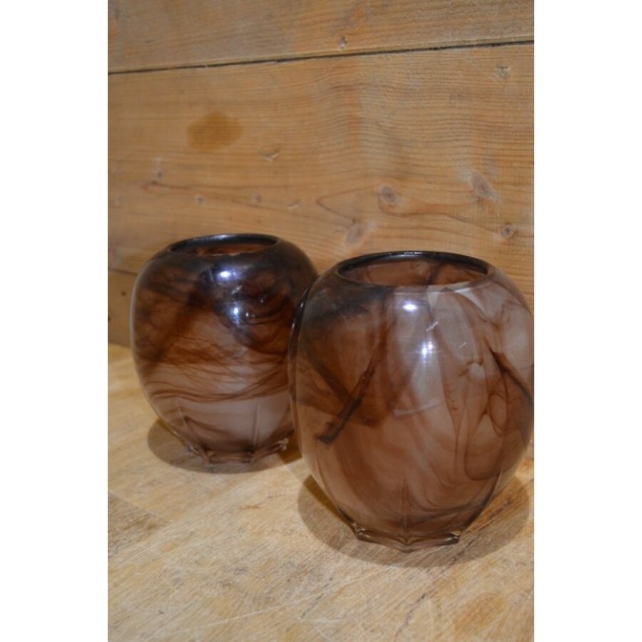 Set van 2 bruine gemarmerde glazen vaasjes van dik glas-6