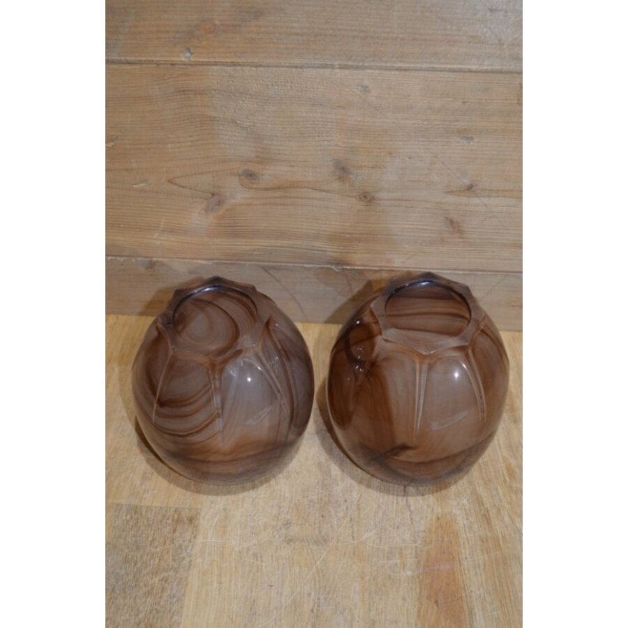 Set van 2 bruine gemarmerde glazen vaasjes van dik glas-7