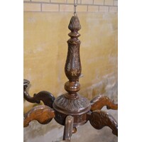 thumb-Antieke houten kroonluchter met houtsnijwerk voor kaarsen-3