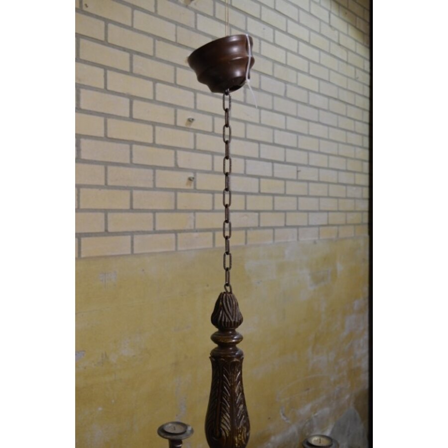 Antieke houten kroonluchter met houtsnijwerk voor kaarsen-5
