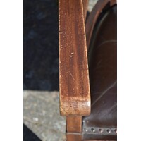 thumb-Koloniale houten armstoel met donkerbruin leer en siernagels-7