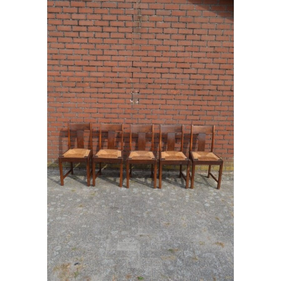 Vintage boerenstoelen met biezen zitting 5x-2