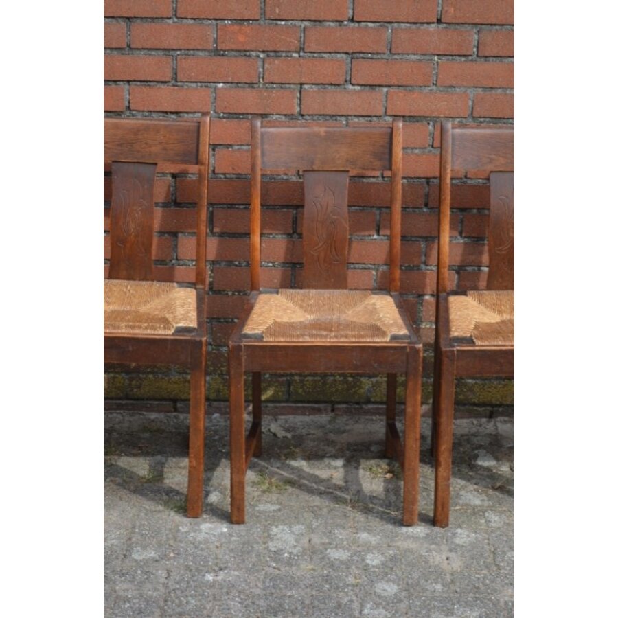 Vintage boerenstoelen met biezen zitting 5x-3