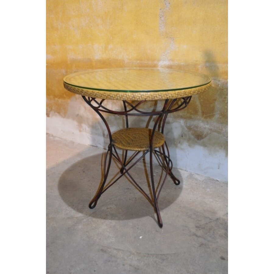 Vintage rond tafeltje met rotan en glas-1