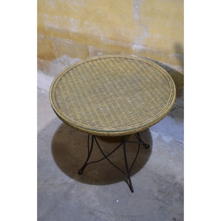 Vintage rond tafeltje met rotan en glas-2