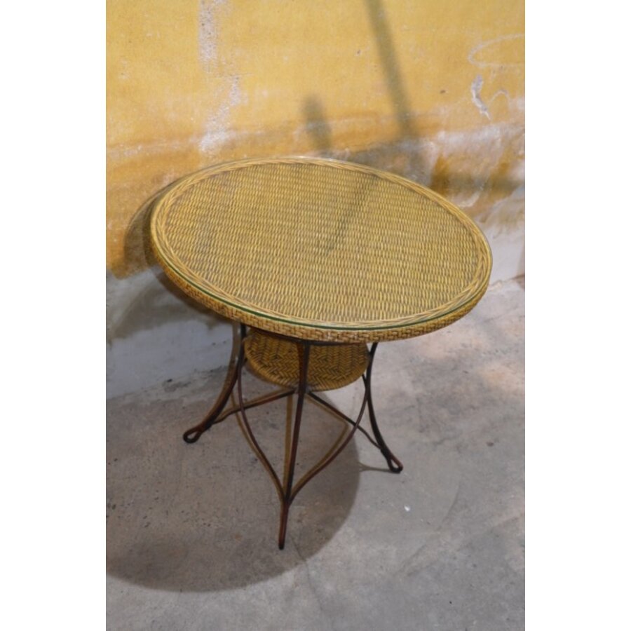 Vintage rond tafeltje met rotan en glas-3