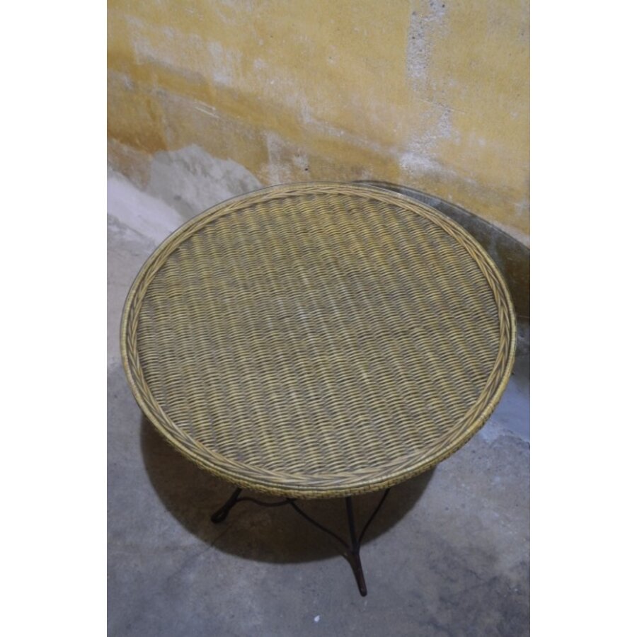 Vintage rond tafeltje met rotan en glas-5