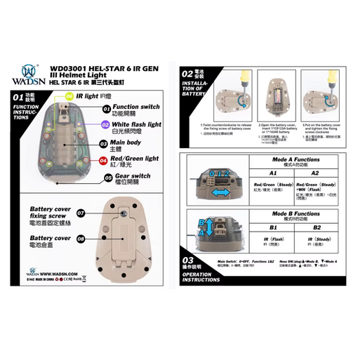 WADSN HEL-STAR 6 IR- GEN III Helmet Marker - Black - RED LIGHT