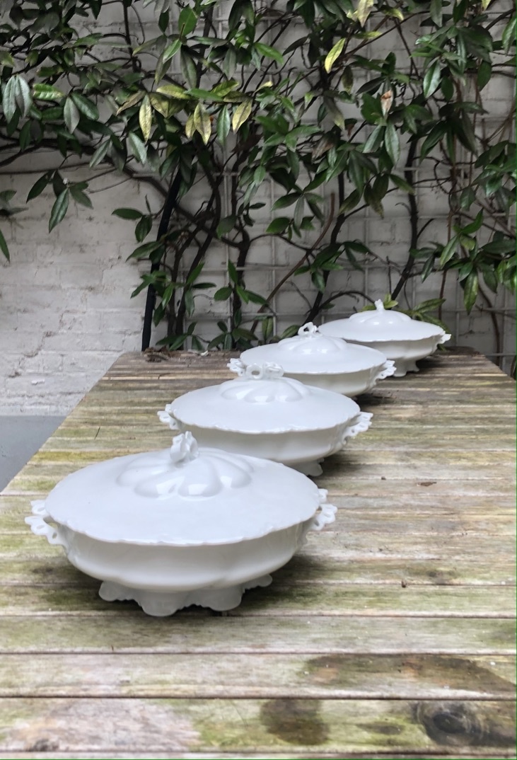 White covered dishes, porcelain