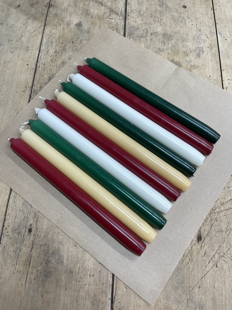 A package with 10 candles, red,  green , ivory and old ivory for Christmas