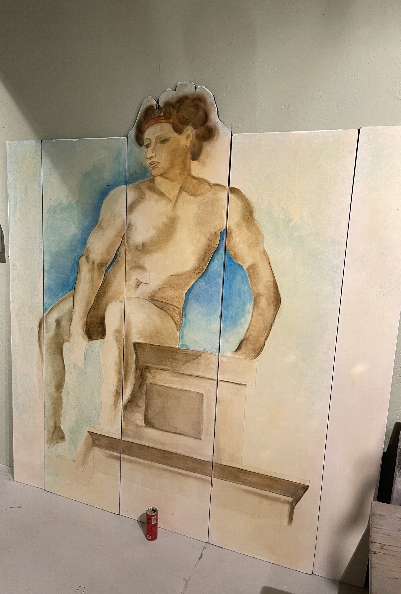 Painting in 5 panels of a stunning naked man