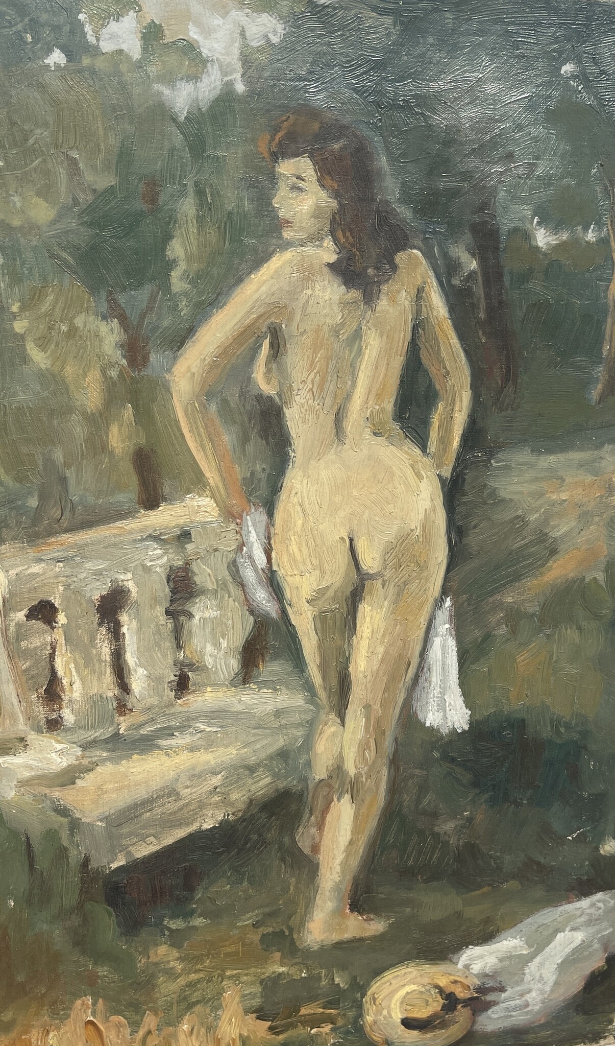 Naive oil painting of a lady in the garden