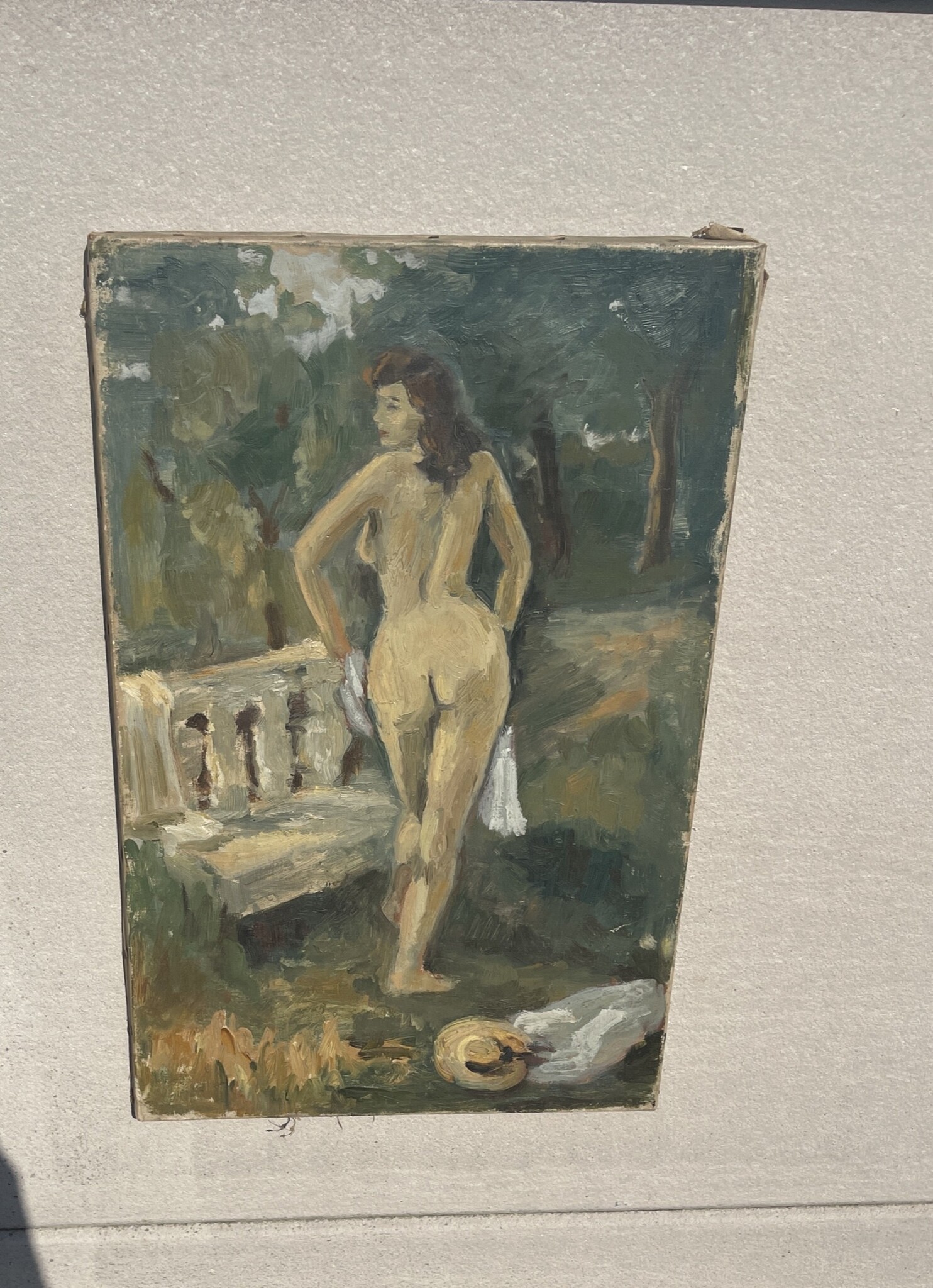 Naive oil painting of a lady in the garden