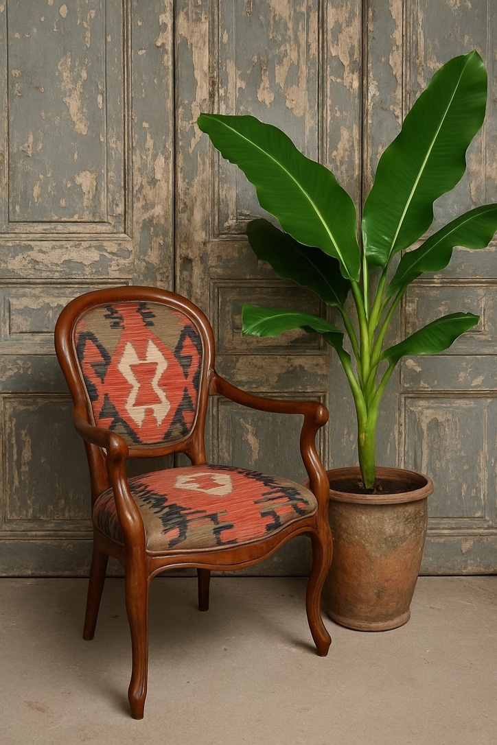 Antique chair re-upholstered with an antique kelim