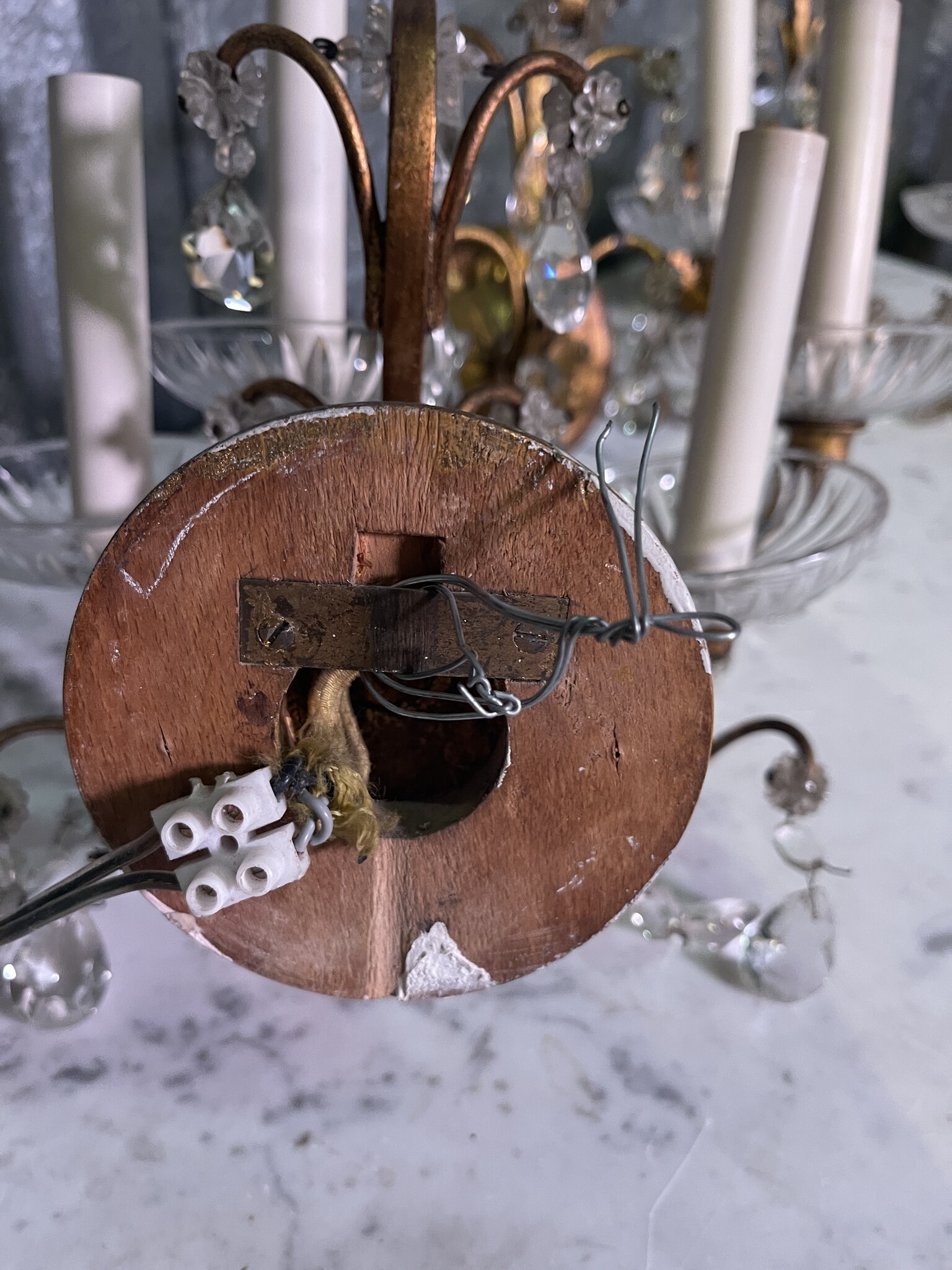 Set of three vintage wall sconces with glass pendant drops