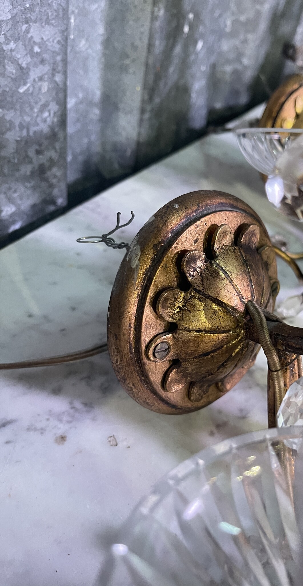 Set of three vintage wall sconces with glass pendant drops