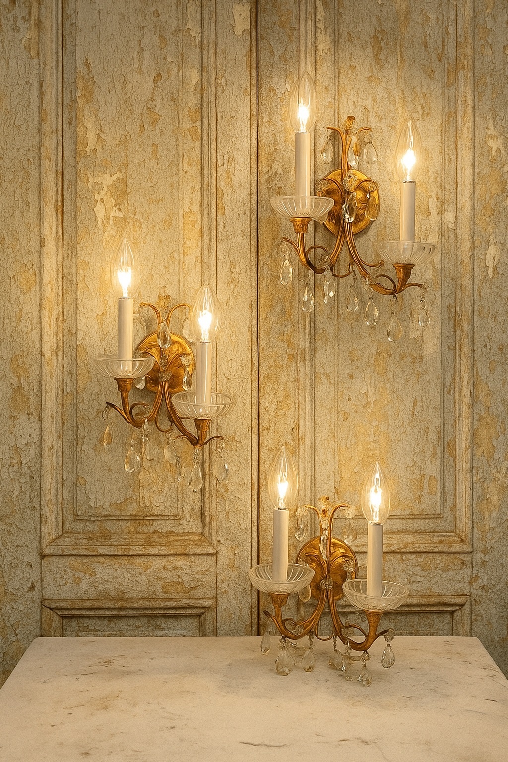 Set of three vintage wall sconces with glass pendant drops