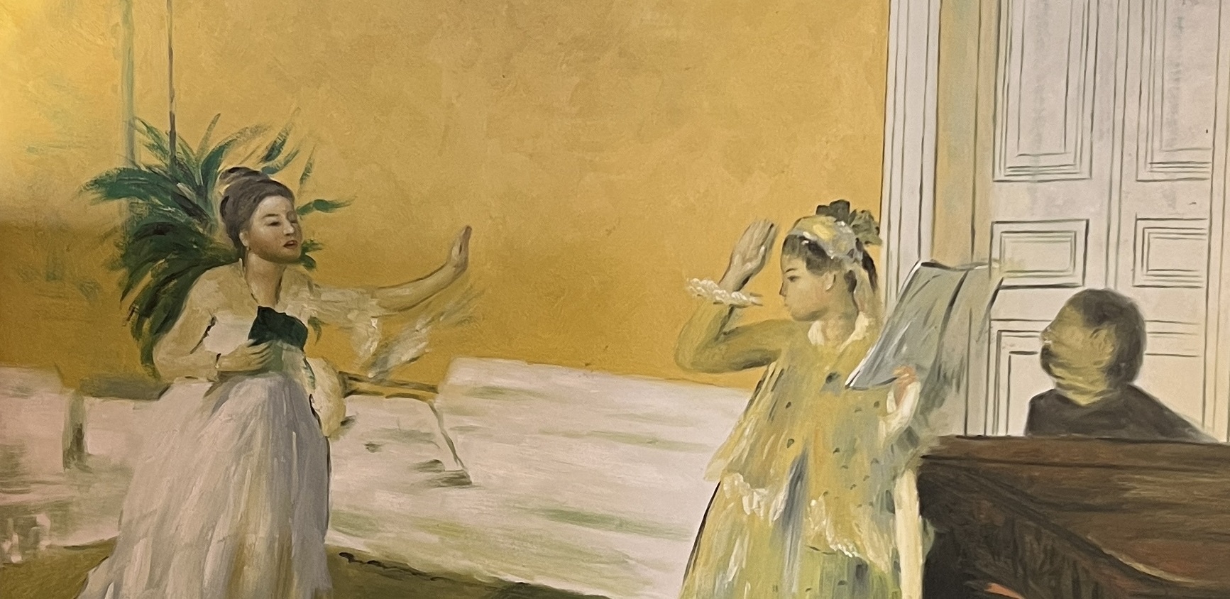 Painting of two sisters having singing lesson