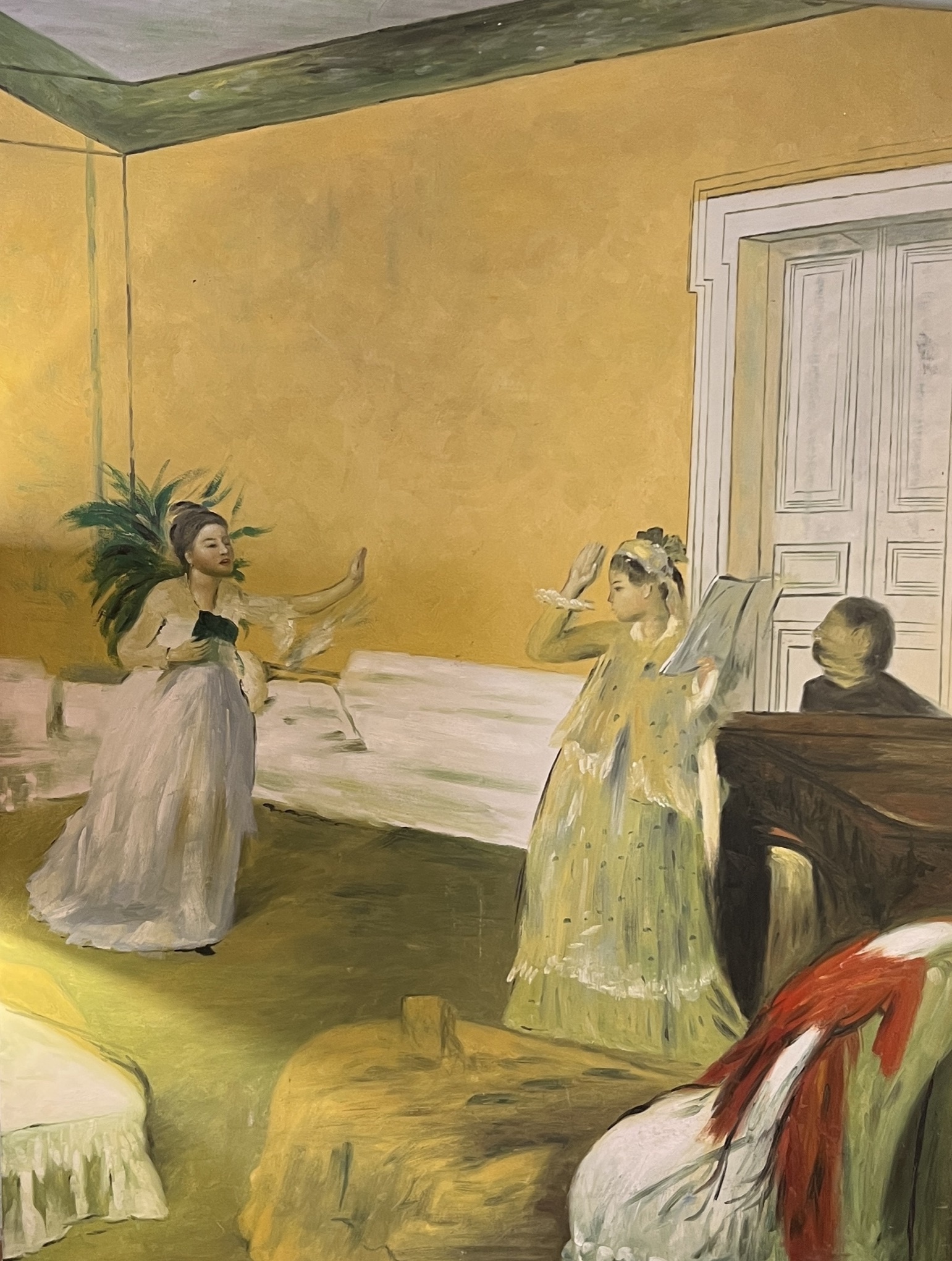 Painting of two sisters having singing lesson
