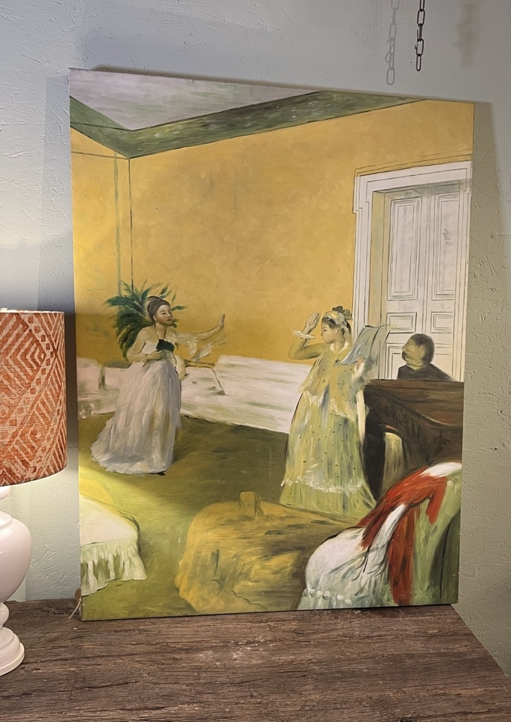 Painting of two sisters having singing lesson