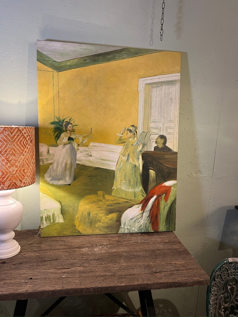 Painting of two sisters having singing lesson