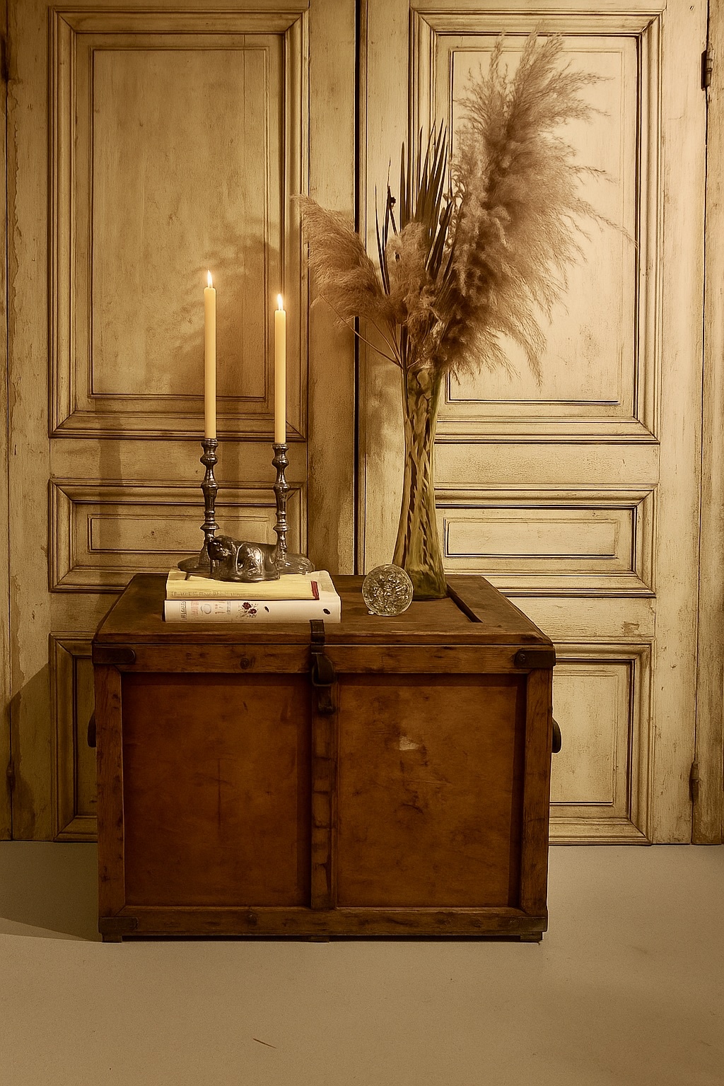 Oude transport kist met ijzeren hoeken en sluiting