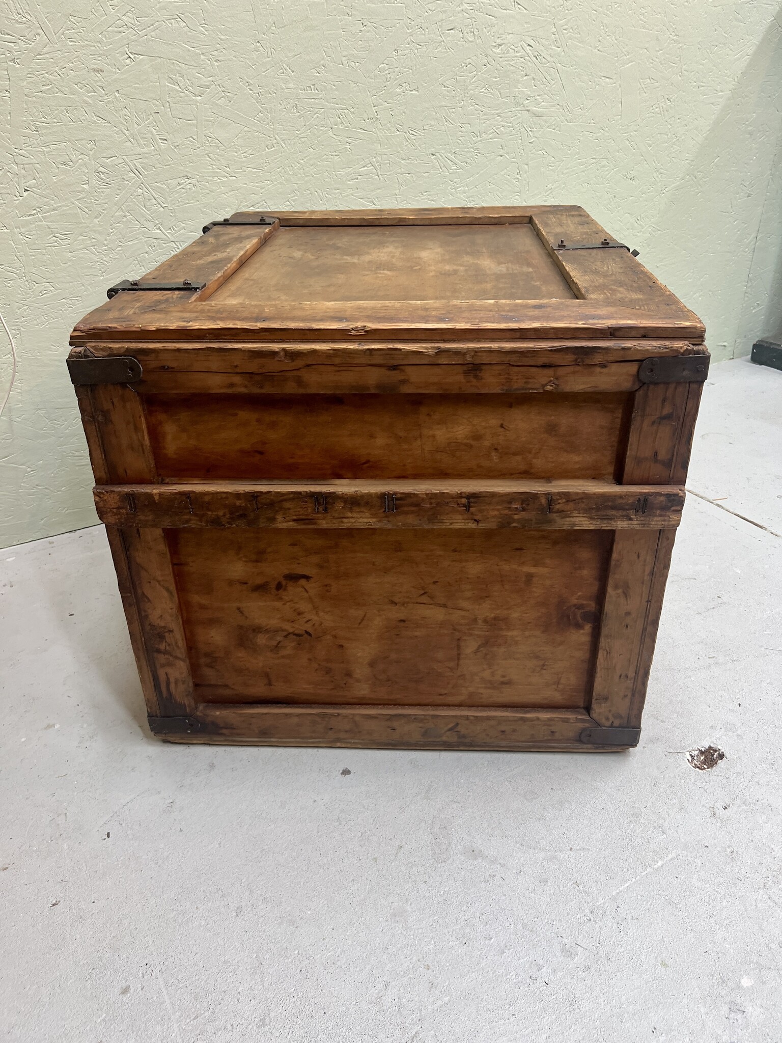 Old transport box with iron corners and buckle