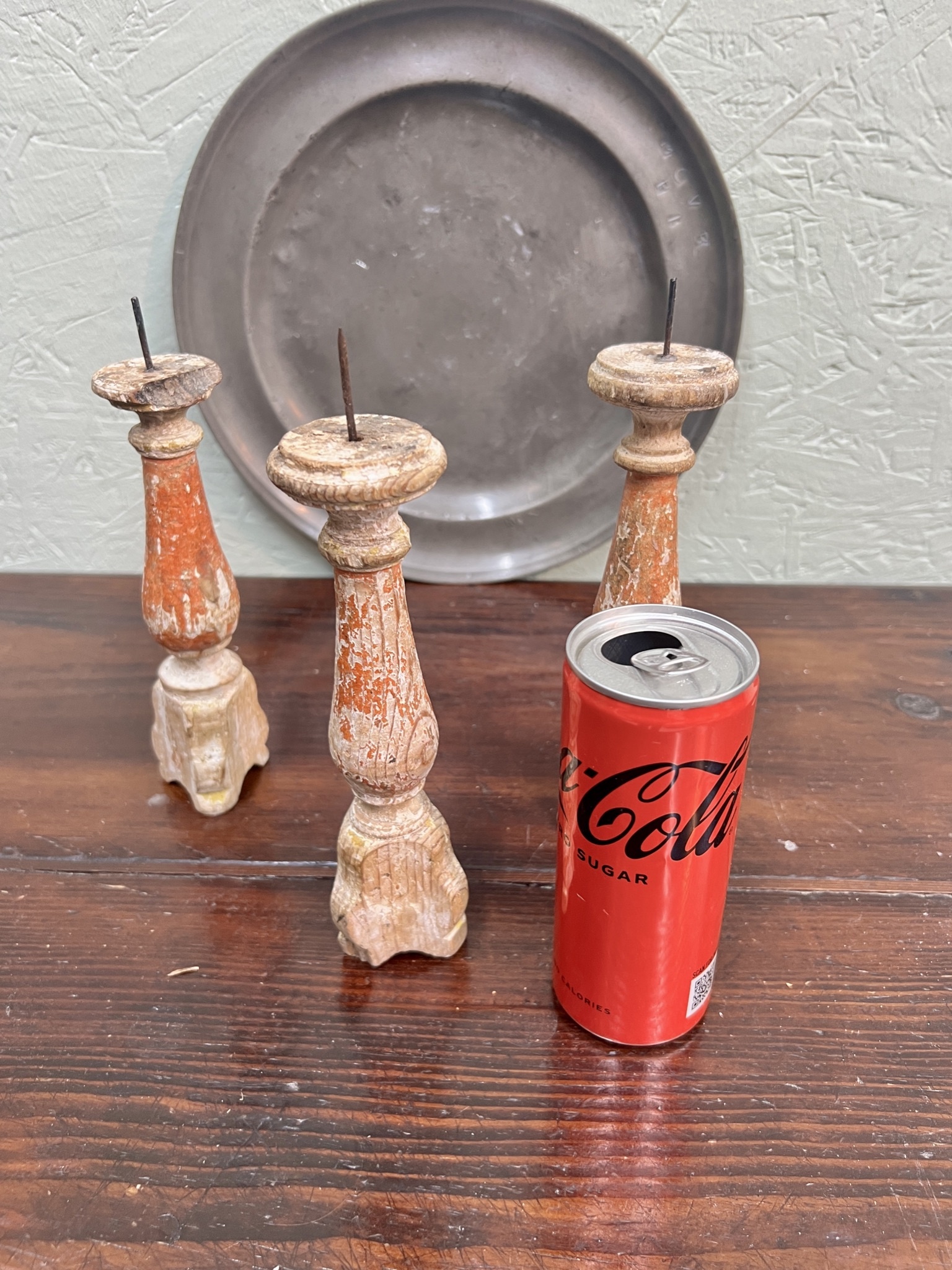 Antique tiny church candlesticks with traces of the old paint