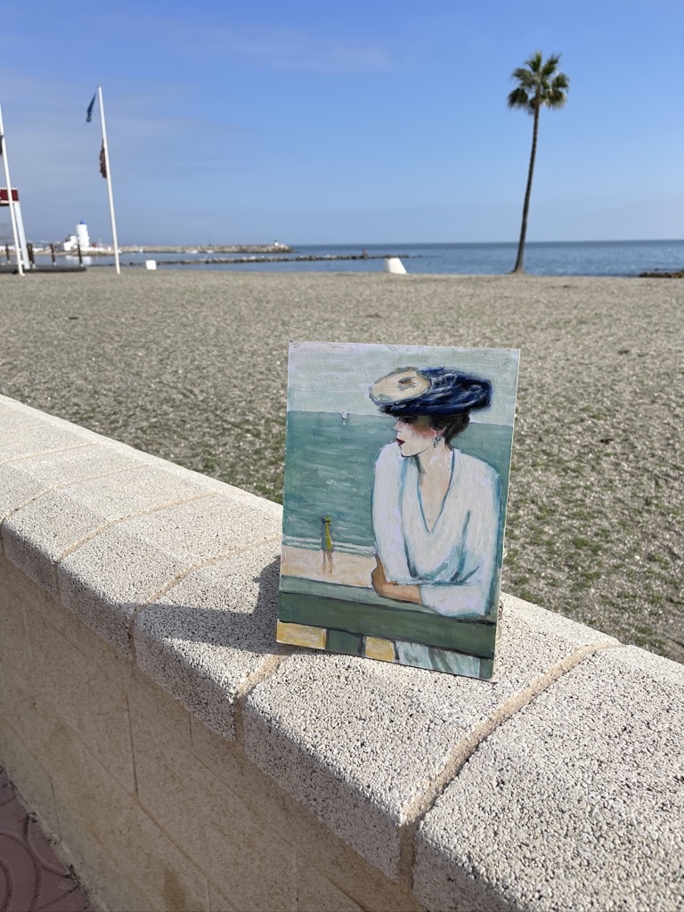 Schilderij van een dame met een hoed aan de boulevard