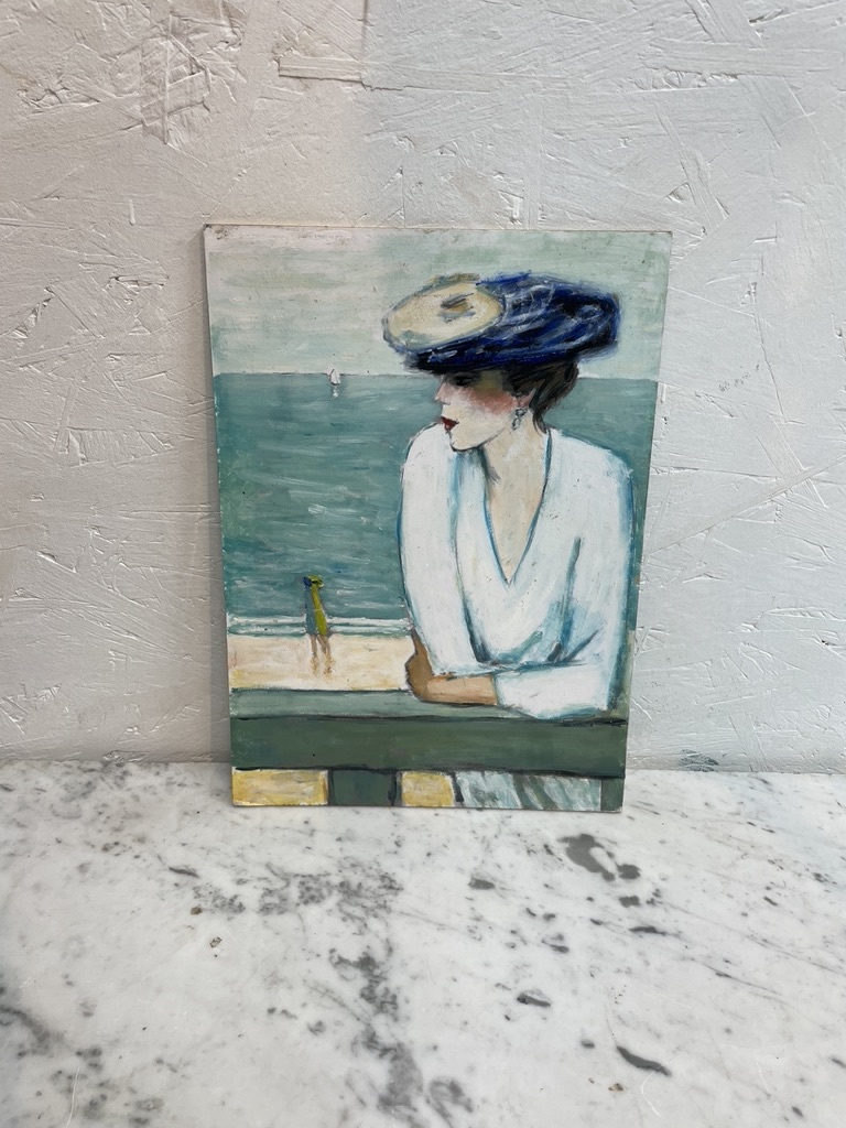 Schilderij van een dame met een hoed aan de boulevard